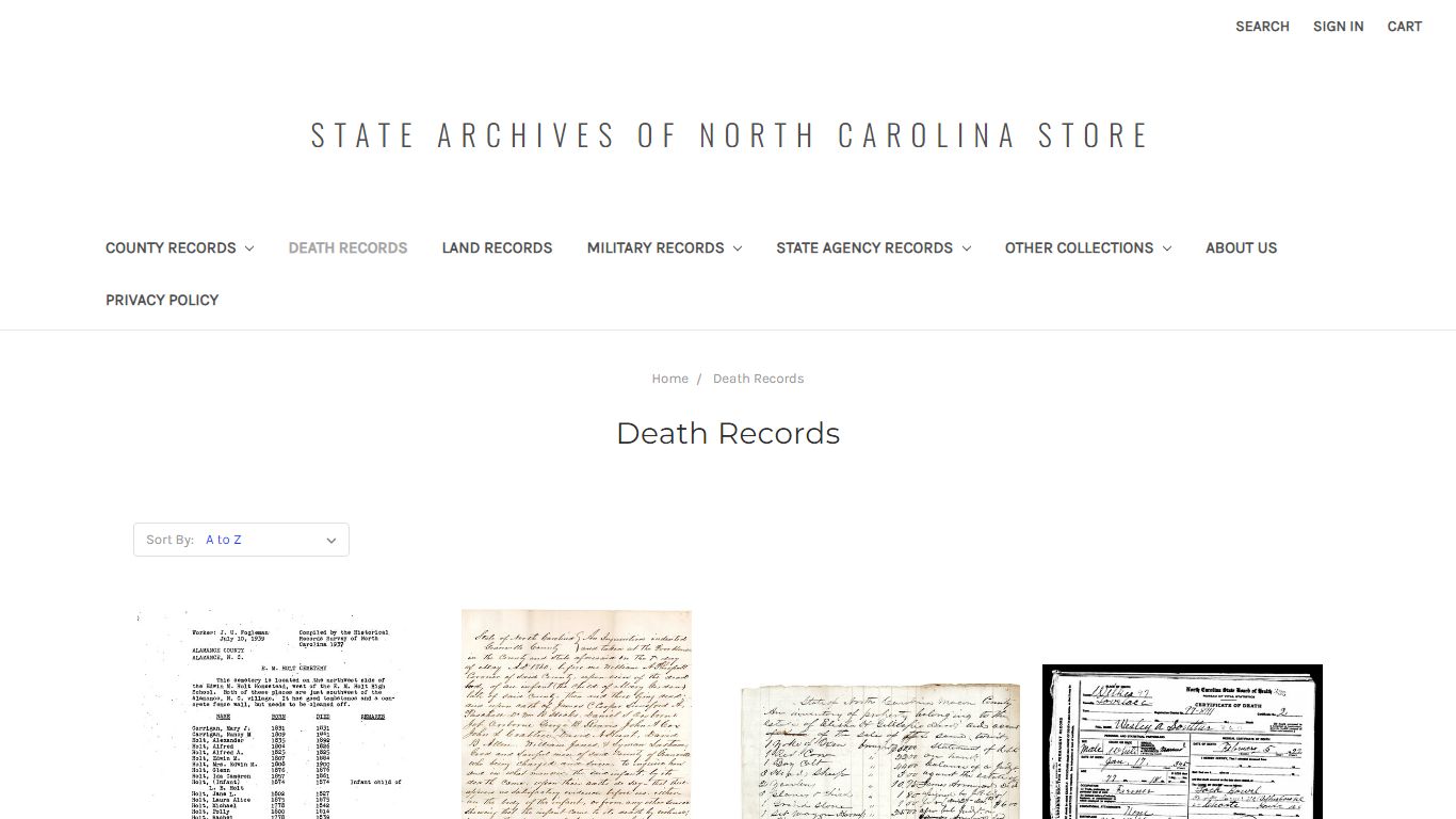 Death Records - State Archives of North Carolina Store